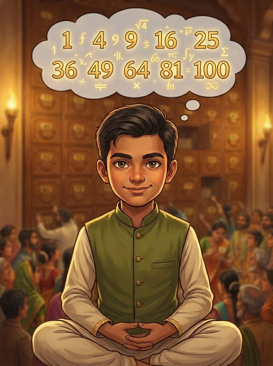 Close-up portrait of young Prince Khoisnam (around 12-14 years old) with a confident, knowing smile. He's sitting cross-legged in a meditative pose while chaos unfolds behind him (blurred figures frantically calculating). Above his head, a thought bubble shows: the numbers 1,4,9,16,25,36,49,64,81,100 glowing with mathematical symbols. His eyes sparkle with intelligence. Traditional Indian prince attire with a small crown. Art style: Character portrait with bokeh background, warm lighting on face, magical/mathematical elements in thought bubble.